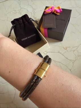 Louis Vuitton Brown Monogram Double Wrap Leather Bracelet with Gold-Tone Clasp